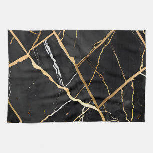 Chic Elegant black golden yellow Faux Marble Tea Towel