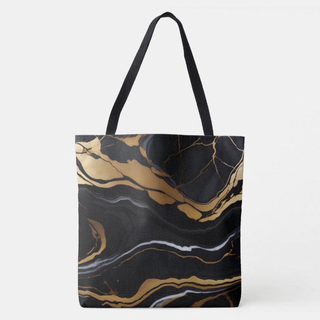 Chic Elegant black golden yellow Faux Marble  Tote Bag (Front)