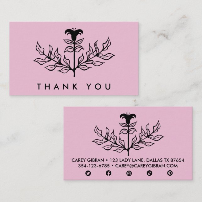 Chic Elegant Black Lily ORDER THANK YOU Soft Pink Business Card (Front/Back)