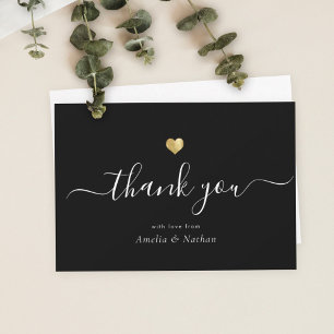 Chic Elegant Black Modern Script Gold Heart Thank You Card