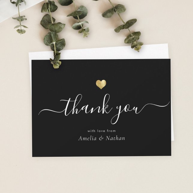 Chic Elegant Black Modern Script Gold Heart Thank You Card (Creator Uploaded)