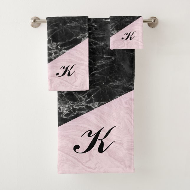 Chic Elegant Black Pink Marble Monogrammed Bath Towel Set (Insitu)