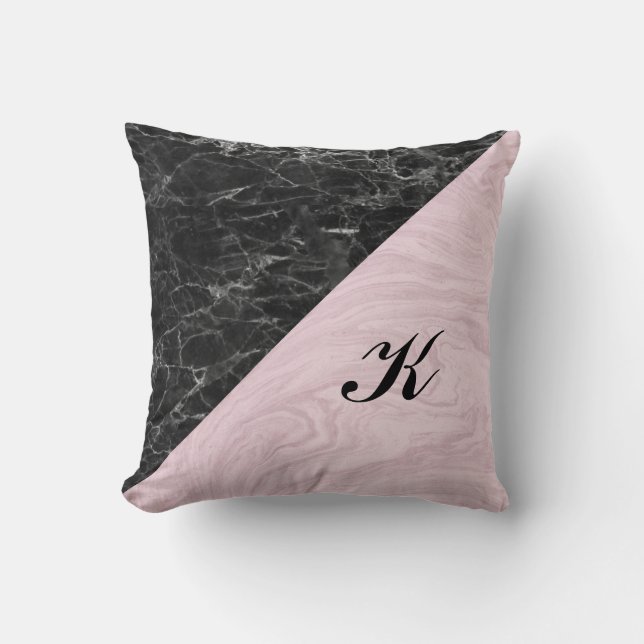 Chic Elegant Black Pink Marble Monogrammed Cushion (Front)