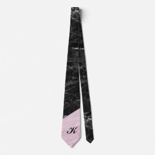 Chic Elegant Black Pink Marble Monogrammed Tie