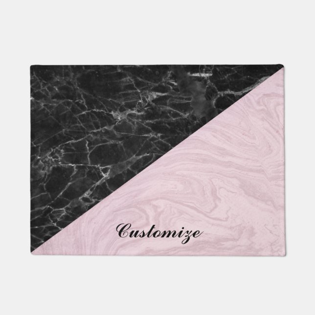 Chic Elegant Black Pink Marble Personalise Doormat (Front)