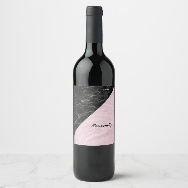 Chic Elegant Black Pink Marble Personalised Wine Label (Front)
