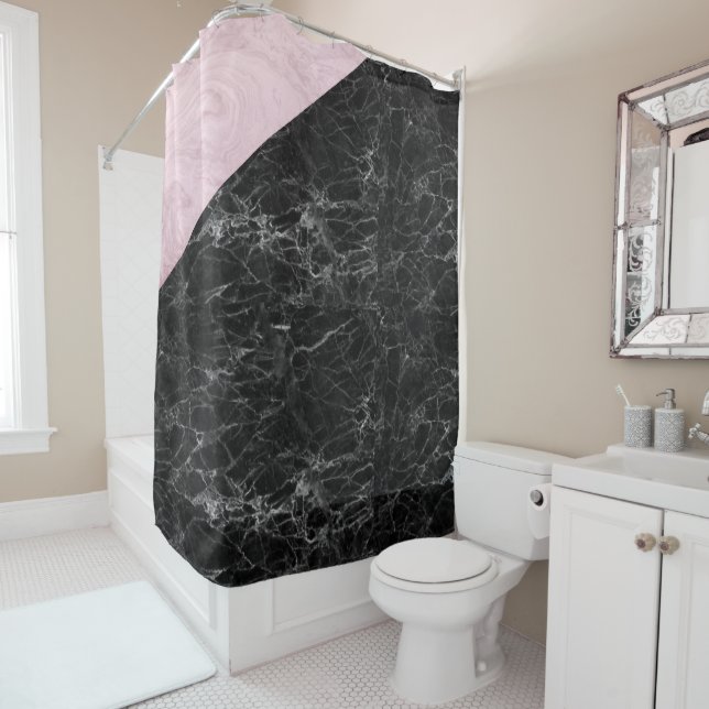 Chic Elegant Black Pink Marble Shower Curtain (In Situ)