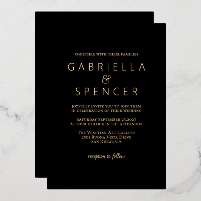 Chic Elegant Black Wedding Gold Foil Invitation (Front/Back)
