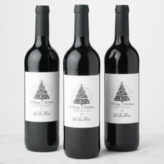 Chic Elegant Black White Script Christmas Tree Wine Label
