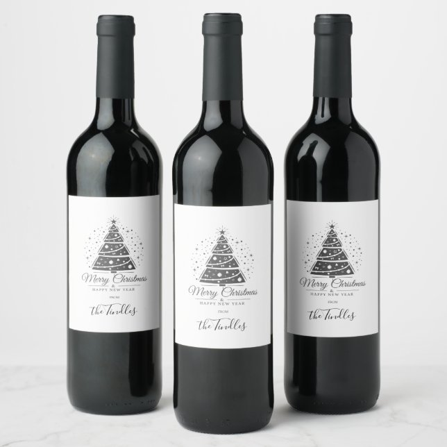 Chic Elegant Black White Script Christmas Tree Wine Label (Bottles)