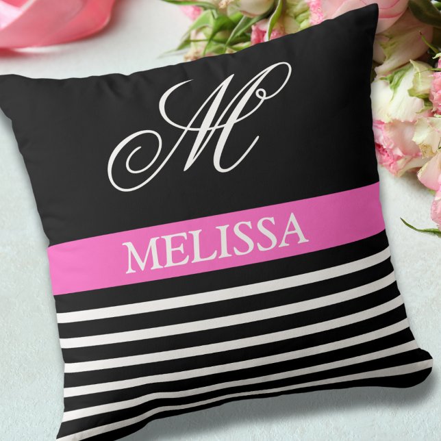 Chic Elegant Black White Stripes With Initial Cushion (Creator Uploaded)