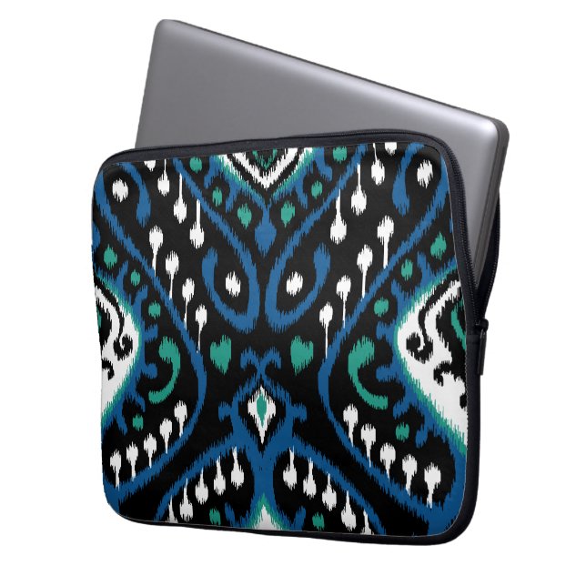 Chic elegant blue green black tribal ikat print laptop sleeve (Front Left)