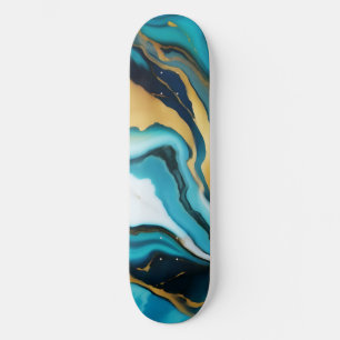 Chic Elegant blue green gold Faux Marble Skateboard