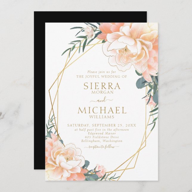 Chic Elegant Blush Gold Peach Black Floral Wedding Invitation (Front/Back)