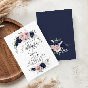 Chic Elegant Blush Navy Blue Wedding Invitation