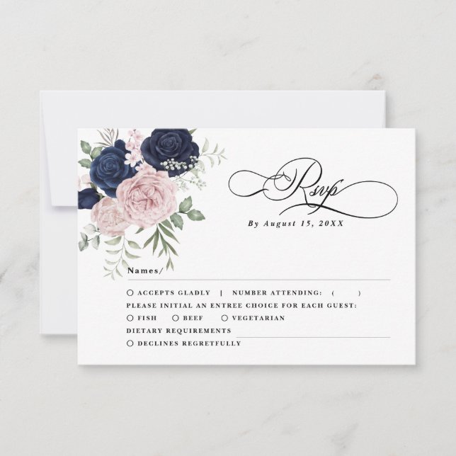 Chic Elegant Blush Navy Blue Wedding RSVP  Card (Front)
