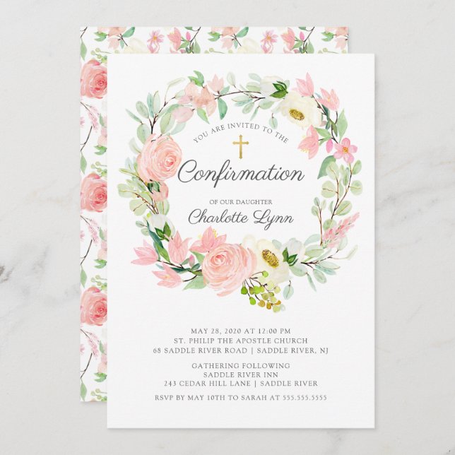 Chic & Elegant Blush Pink Floral Confirmation Invitation (Front/Back)