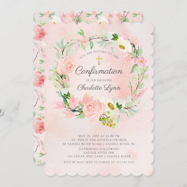 Chic & Elegant Blush Pink Floral Confirmation Invitation (Front/Back)