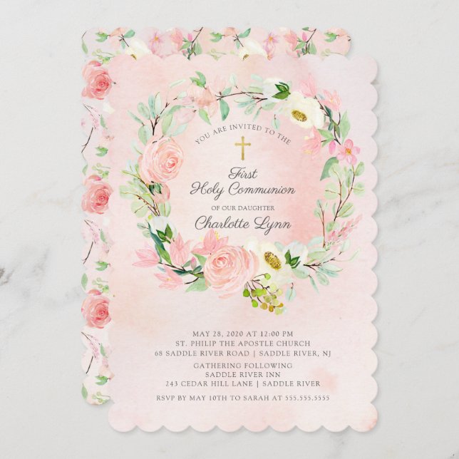 Chic & Elegant Blush Pink Floral First Communion Invitation (Front/Back)