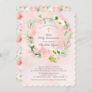 Chic & Elegant Blush Pink Floral First Communion Invitation