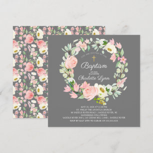 Chic & Elegant Blush Pink Floral Girls Baptism Invitation