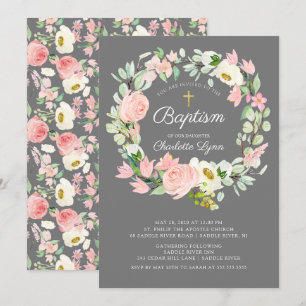 Chic & Elegant Blush Pink Floral Girls Baptism Invitation