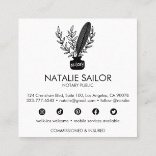 Chic Elegant Botanical Quill Logo Notary Public  Square Business Card
