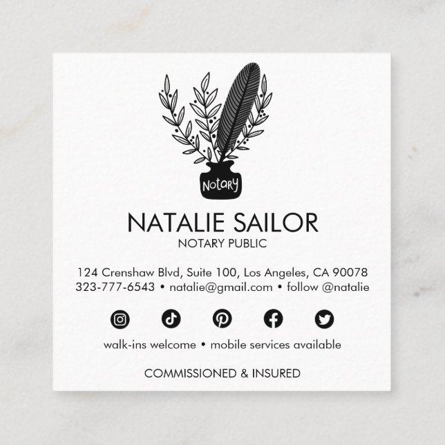 Chic Elegant Botanical Quill Logo Notary Public  Square Business Card (Back)