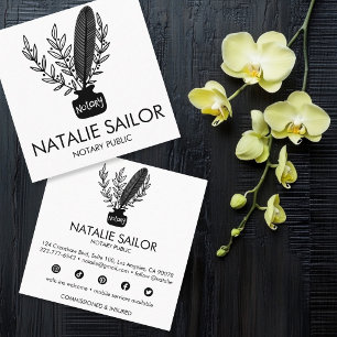 Chic Elegant Botanical Quill Logo Notary Public Square Business Card