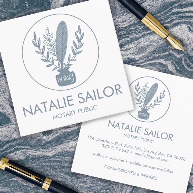 Chic Elegant Botanical Quill Logo Notary Public Square Business Card (Creator Uploaded)