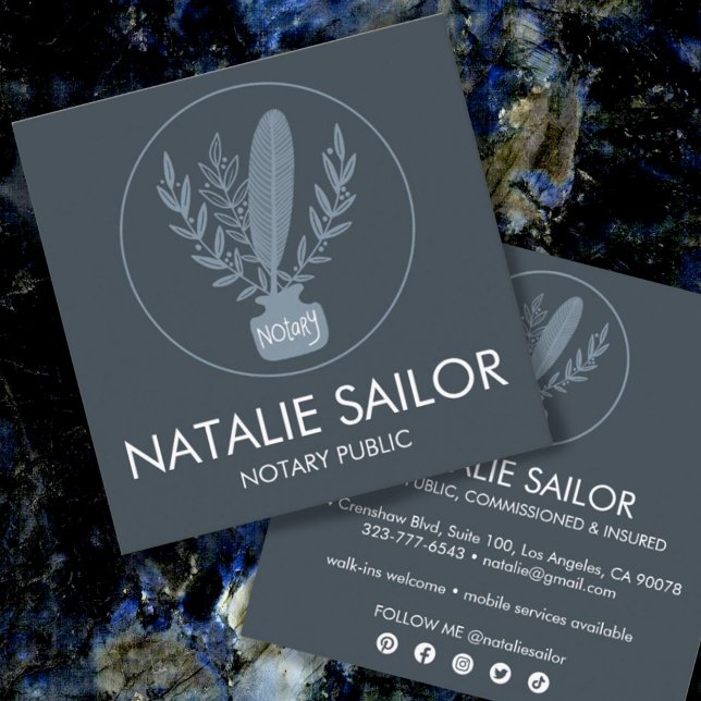 Chic Elegant Botanical Quill Logo Notary Public  Square Business Card (Creator Uploaded)