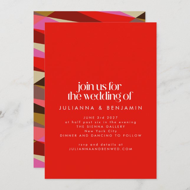 Chic Elegant Bright Red Geometric Wedding  Invitation (Front/Back)