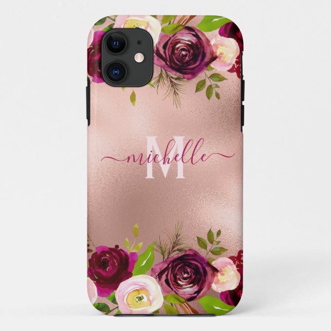 Chic Elegant Burgundy Blush Pink Floral Name Case-Mate iPhone Case (Back)