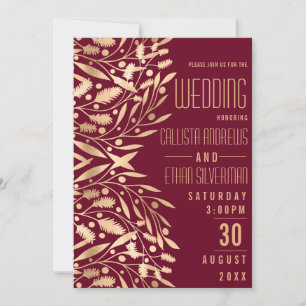 Chic Elegant Burgundy Gold Floral Foliage Wedding Invitation
