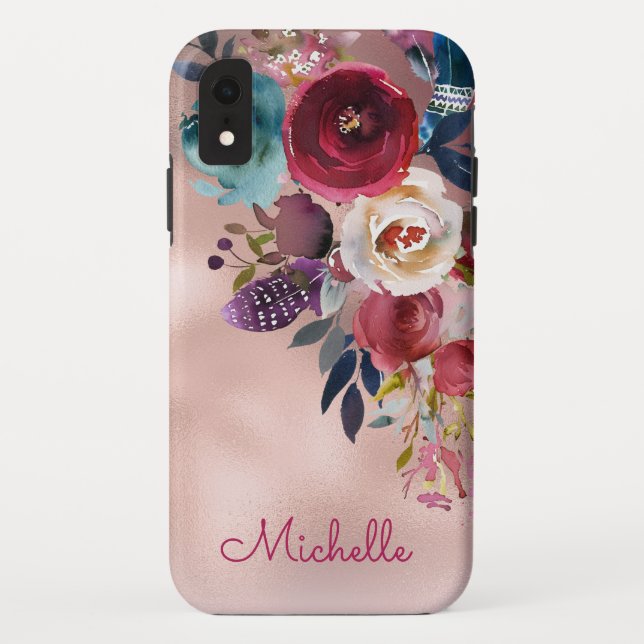 Chic Elegant Burgundy Pink Navy Floral Name Case-Mate iPhone Case (Back)
