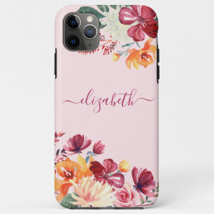 Chic Elegant Burgundy Pink Orange Floral Name iPhone 11 Pro Max Case
