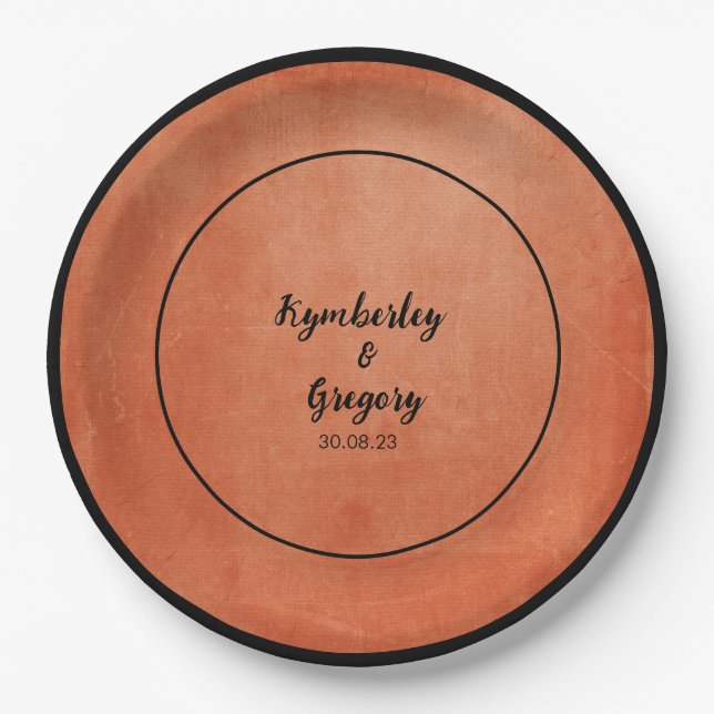 Chic Elegant Burnt Orange Black Name Paper Plate (Front)