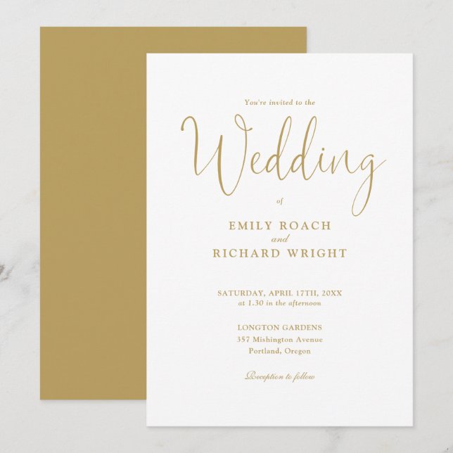 Chic Elegant Calligraphy Gold Script Wedding Invitation (Front/Back)
