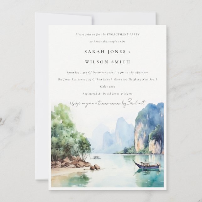 Chic Elegant Coastal Thailand Seascape Engagement Invitation (Front)