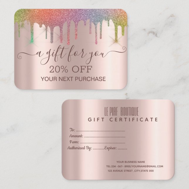 Chic Elegant Colourful Glitter Drips Rose Gold Discount Card (Front/Back)