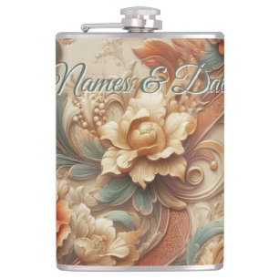 Chic,Elegant Creams & leather flower texture look Hip Flask