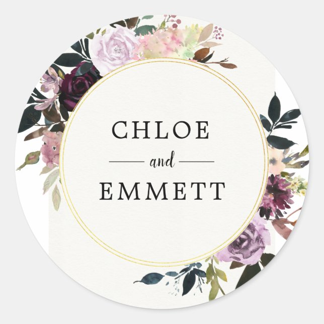 Chic Elegant Custom Pink Purple Floral Wedding Classic Round Sticker (Front)