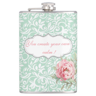 Chic Elegant Damask, Roses,Motivational Message Hip Flask