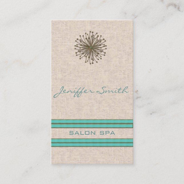 Chic elegant dandelion turquoise stripes business card (Front)