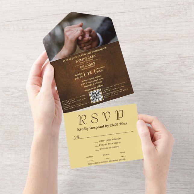 Chic Elegant Dark Brown Texture Gold Accent RSVP  All In One Invitation (Tearaway)
