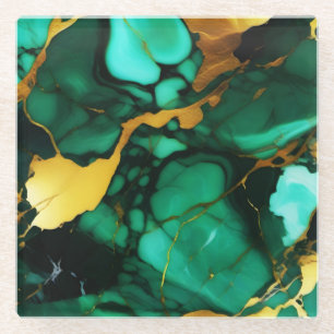 Chic Elegant dark green golden yellow Faux Marble Glass Coaster