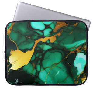 Chic Elegant dark green golden yellow Faux Marble  Laptop Sleeve