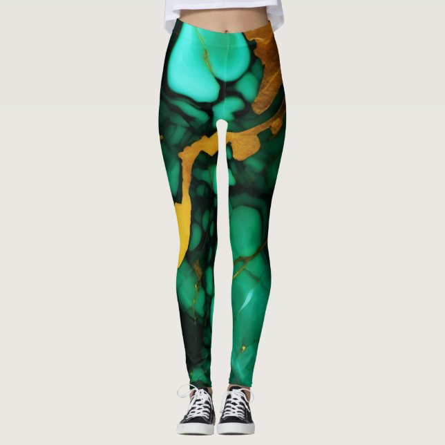 Chic Elegant dark green golden yellow Faux Marble  Leggings (Front)
