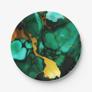 Chic Elegant dark green golden yellow Faux Marble  Paper Plate