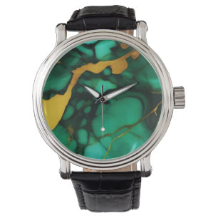 Chic Elegant dark green golden yellow Faux Marble  Watch